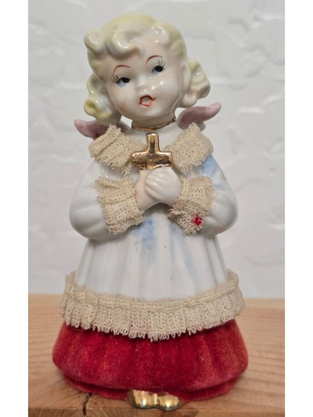 Vintage Ceramic Angel Figurine With Gold Cross Red Velvet Base Lace 5" Japan